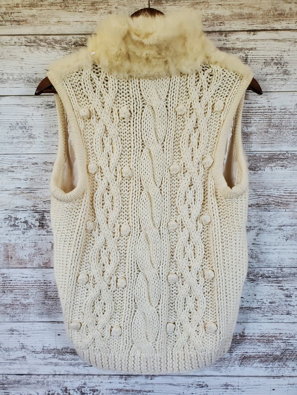 Sweet by Miss Me Angora Fur Cable Knit Hooded Sweater Vest Ivory Like New - Picture 8 of 16